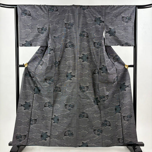 【美品】 紬織織 身長161cm 袖長64.5cm M 雙層 雲文 草花紋紋 墨色 純蠶絲 優品級