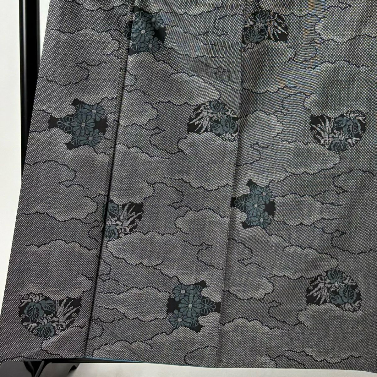 【美品】 紬織織 身長161cm 袖長64.5cm M 雙層 雲文 草花紋紋 墨色 純蠶絲 優品級