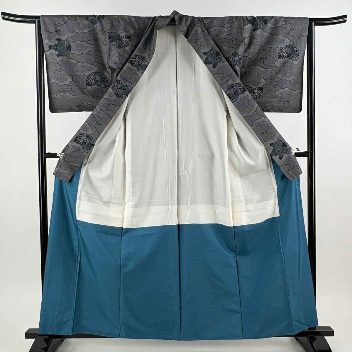 【美品】 紬織織 身長161cm 袖長64.5cm M 雙層 雲文 草花紋紋 墨色 純蠶絲 優品級