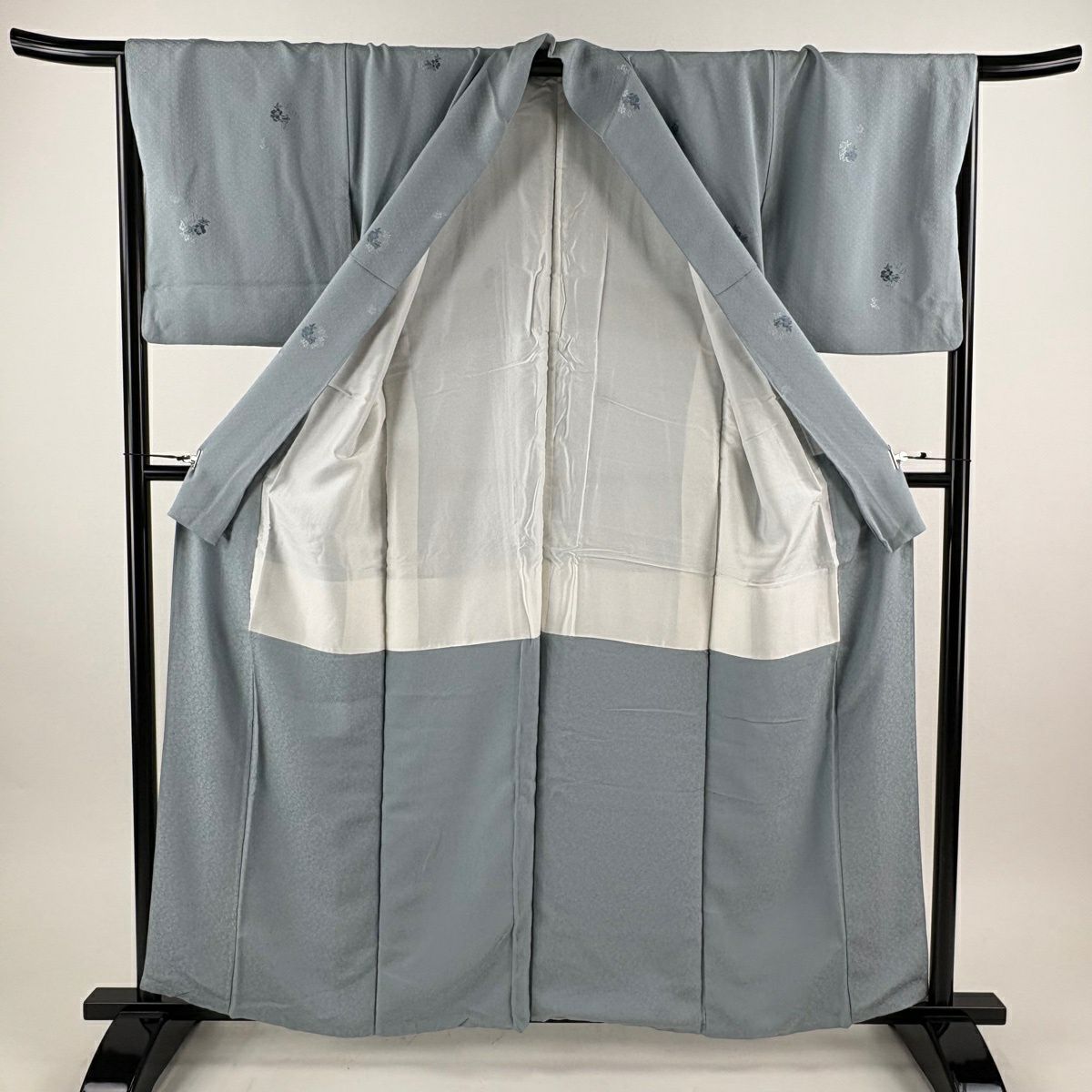 小紋 身長158cm 袖長66.5cm M 雙層 草花紋紋 地紋 青灰 純蠶絲 優品級