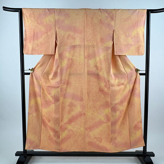 【美品】 小紋 身長154cm 袖長63cm S 雙層 葉柄 幾何圖案 橙色 純蠶絲 優品級