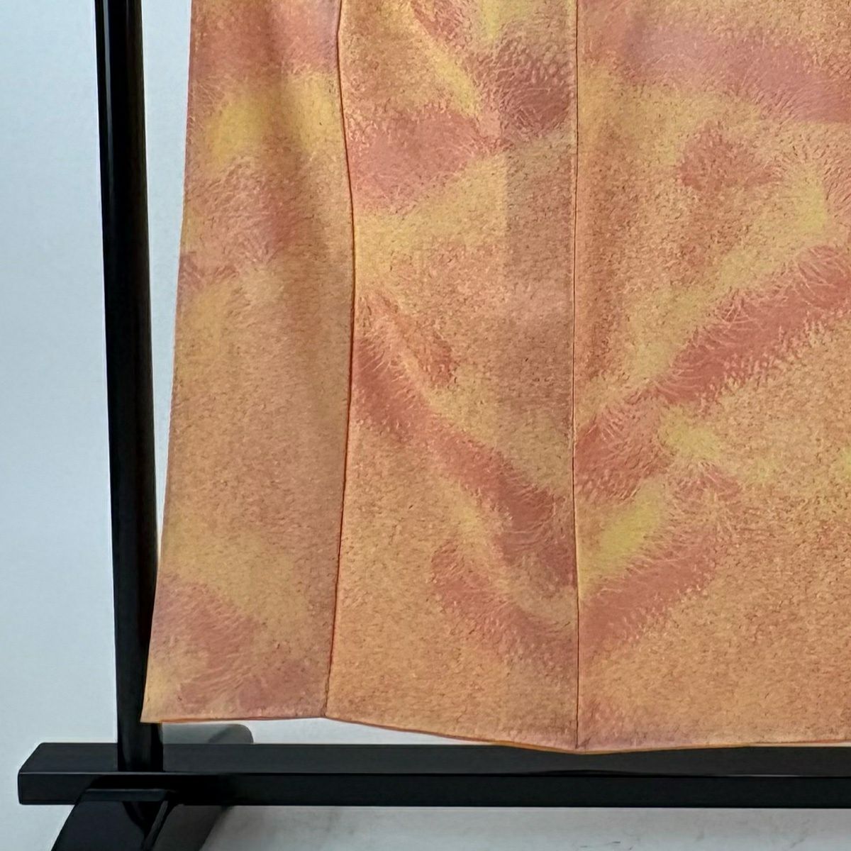 【美品】 小紋 身長154cm 袖長63cm S 雙層 葉柄 幾何圖案 橙色 純蠶絲 優品級