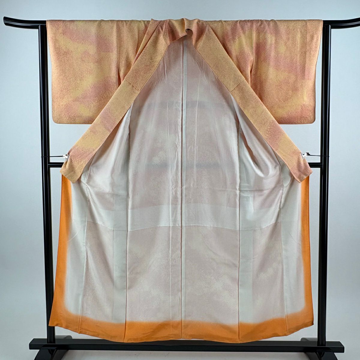 【美品】 小紋 身長154cm 袖長63cm S 雙層 葉柄 幾何圖案 橙色 純蠶絲 優品級