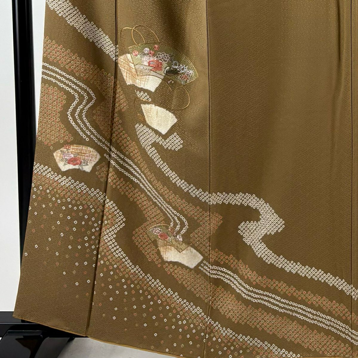 付下 身長161cm 袖長63cm S 雙層 扇子面 流水 刺繡 絞染 茶 純蠶絲 優品級