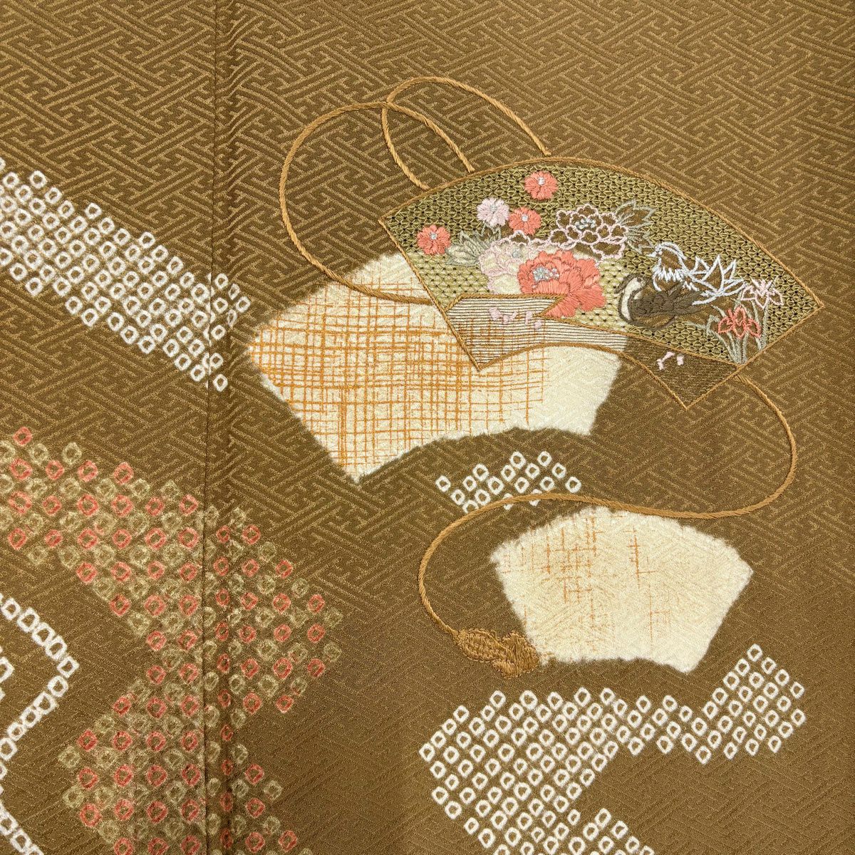 付下 身長161cm 袖長63cm S 雙層 扇子面 流水 刺繡 絞染 茶 純蠶絲 優品級