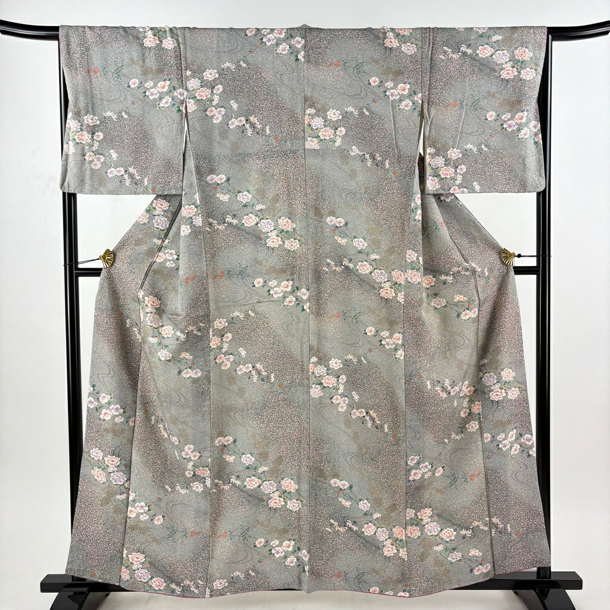 【美品】 小紋 身長160cm 袖長66cm M 雙層 草花紋紋 流水 銀通 金銀彩 灰綠 純蠶絲 優品級