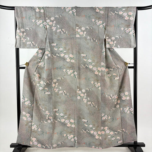【美品】 小紋 身長160cm 袖長66cm M 雙層 草花紋紋 流水 銀通 金銀彩 灰綠 純蠶絲 優品級