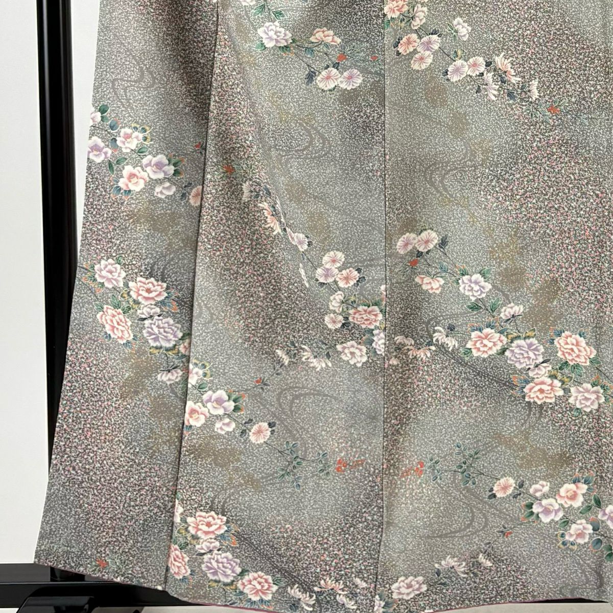 【美品】 小紋 身長160cm 袖長66cm M 雙層 草花紋紋 流水 銀通 金銀彩 灰綠 純蠶絲 優品級