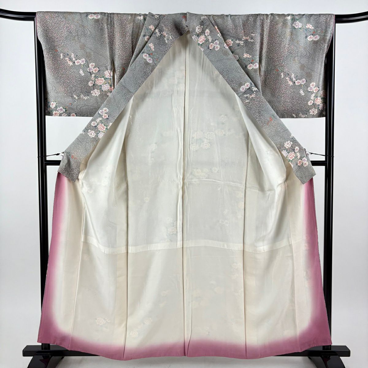 【美品】 小紋 身長160cm 袖長66cm M 雙層 草花紋紋 流水 銀通 金銀彩 灰綠 純蠶絲 優品級