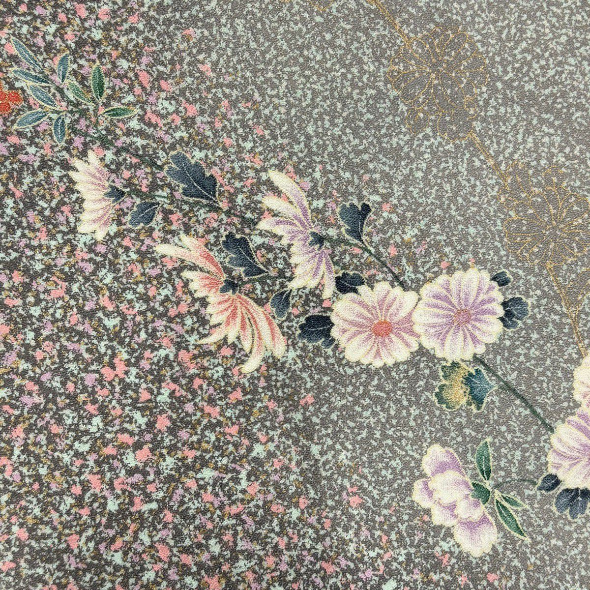 【美品】 小紋 身長160cm 袖長66cm M 雙層 草花紋紋 流水 銀通 金銀彩 灰綠 純蠶絲 優品級