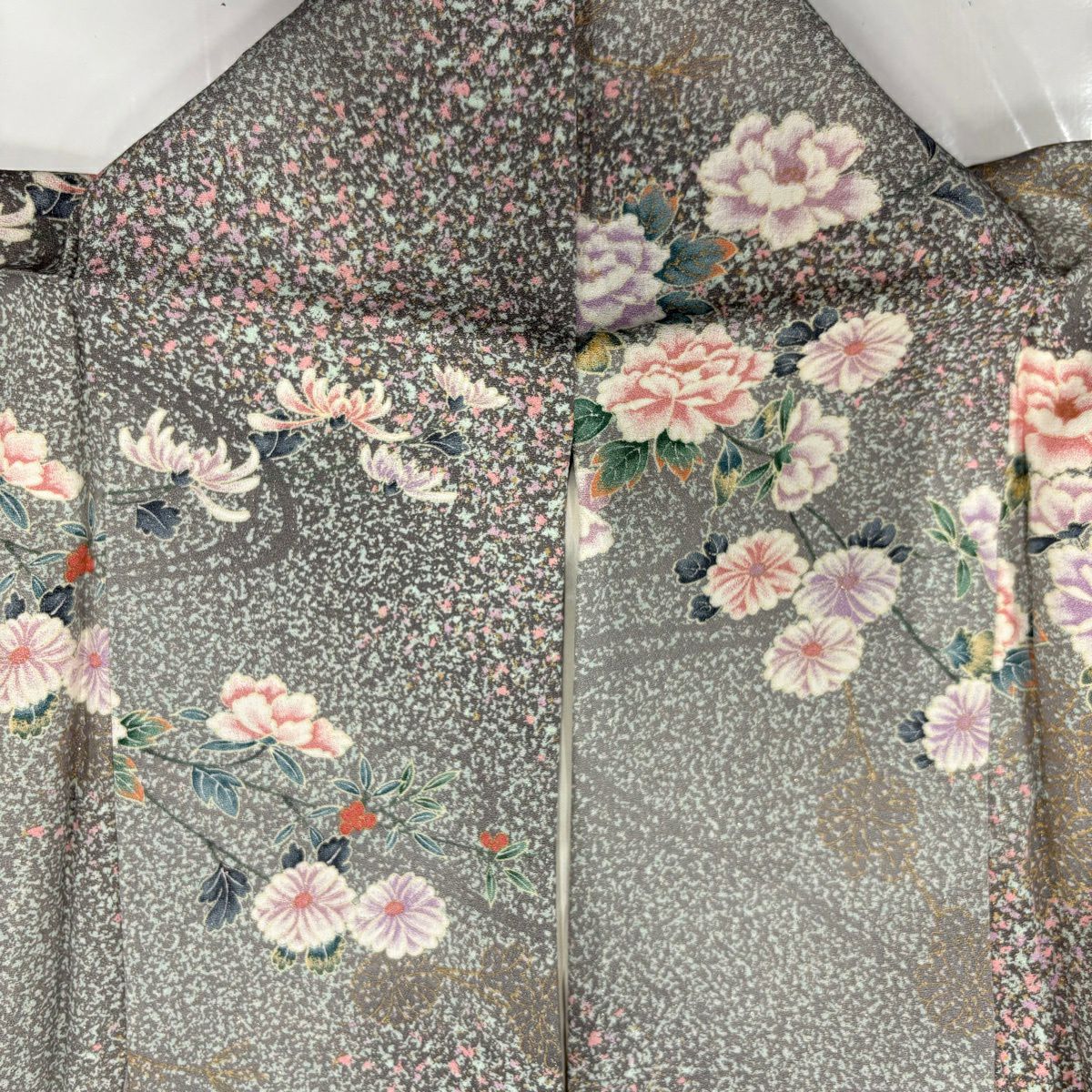 【美品】 小紋 身長160cm 袖長66cm M 雙層 草花紋紋 流水 銀通 金銀彩 灰綠 純蠶絲 優品級