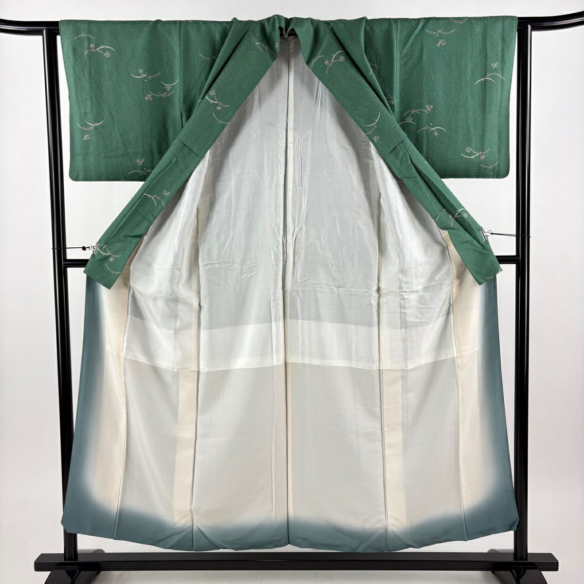 小紋 身長154cm 袖長63cm S 雙層 芝寶盡くし 綠 純蠶絲 優品級