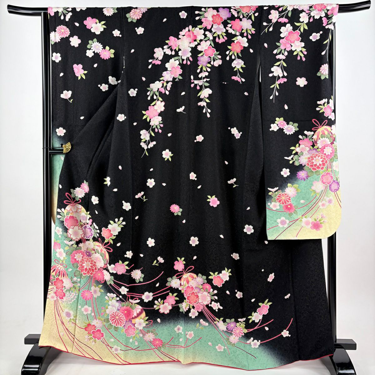 【美品】振袖禮服 身長166.5cm 袖長67cm M 雙層 藥玉 櫻花 金通し 金銀彩 黑 純蠶絲 逸品級