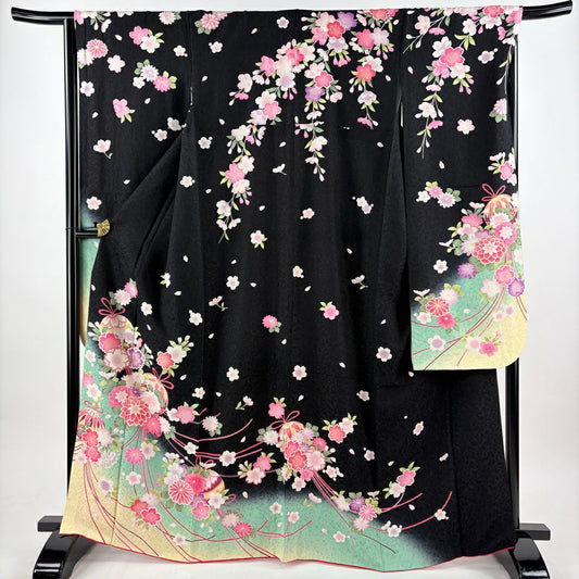 【美品】振袖禮服 身長166.5cm 袖長67cm M 雙層 藥玉 櫻花 金通し 金銀彩 黑 純蠶絲 逸品級