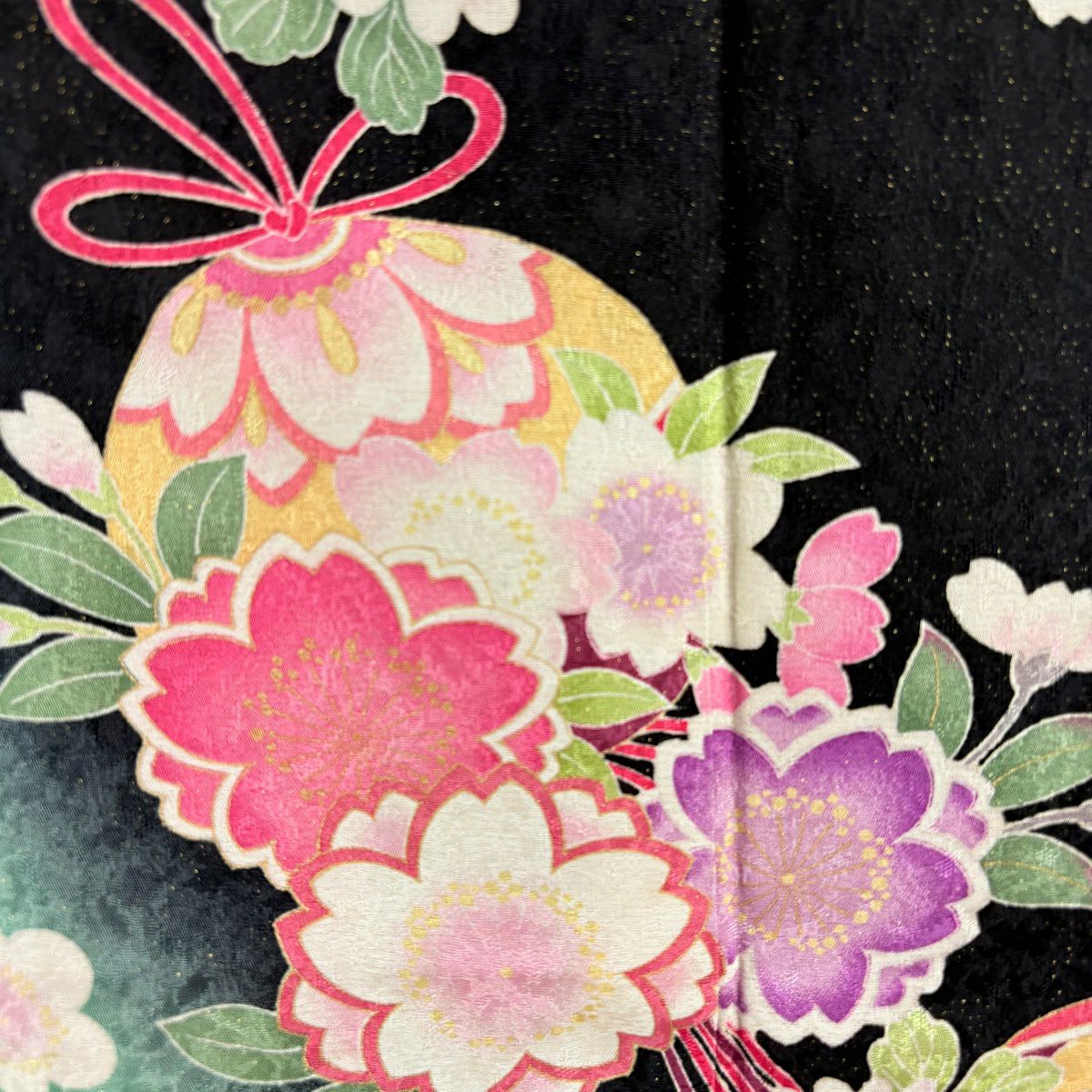 【美品】振袖禮服 身長166.5cm 袖長67cm M 雙層 藥玉 櫻花 金通し 金銀彩 黑 純蠶絲 逸品級