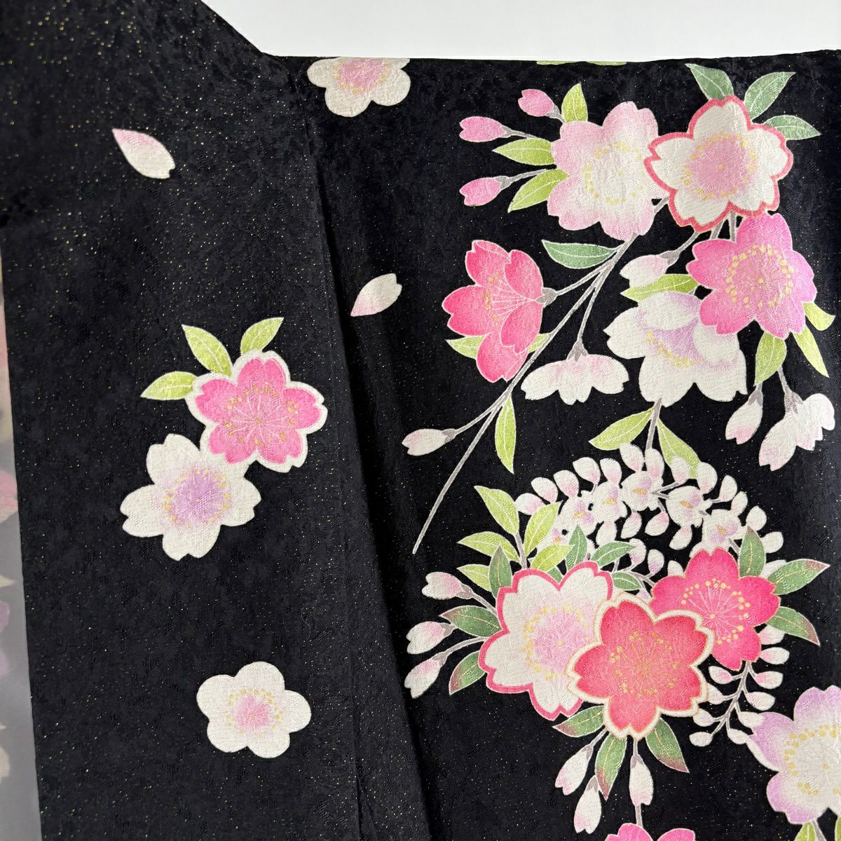 【美品】振袖禮服 身長166.5cm 袖長67cm M 雙層 藥玉 櫻花 金通し 金銀彩 黑 純蠶絲 逸品級
