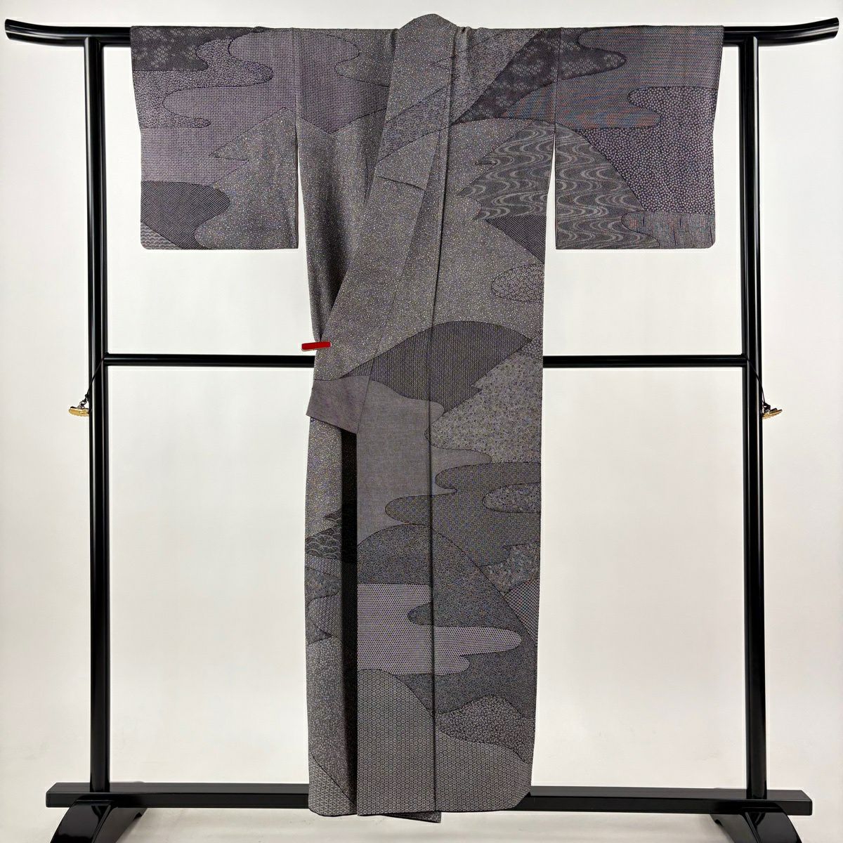 訪問服 身長153cm 袖長64cm M 雙層 人間國寶 中村勇二郎 落款あり 霞 山 黑灰 純蠶絲 逸品級