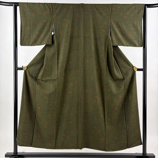 【美品】 江戶小紋 身長151cm 袖長64cm M 雙層 人間國寶 中村勇二郎 落款あり 天女 獅子 深綠 純蠶絲 逸品級