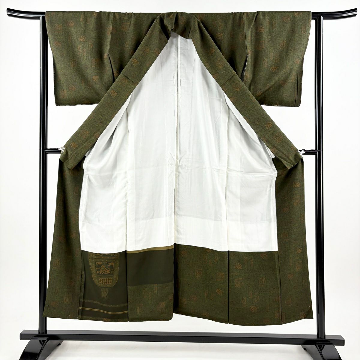 【美品】 江戶小紋 身長151cm 袖長64cm M 雙層 人間國寶 中村勇二郎 落款あり 天女 獅子 深綠 純蠶絲 逸品級