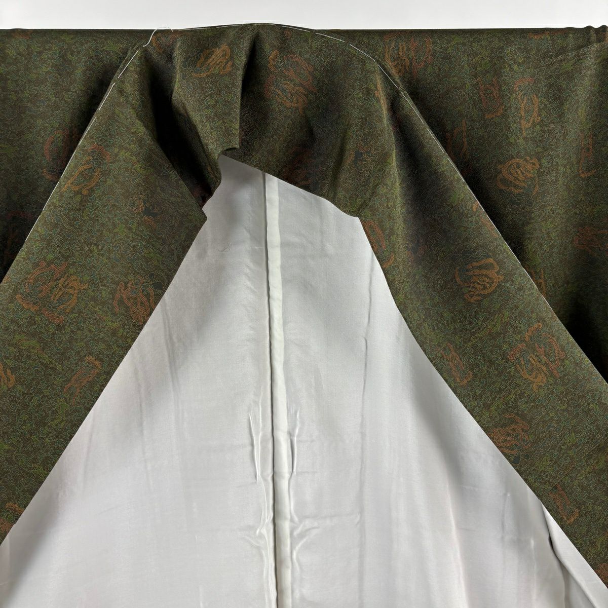 【美品】 江戶小紋 身長151cm 袖長64cm M 雙層 人間國寶 中村勇二郎 落款あり 天女 獅子 深綠 純蠶絲 逸品級