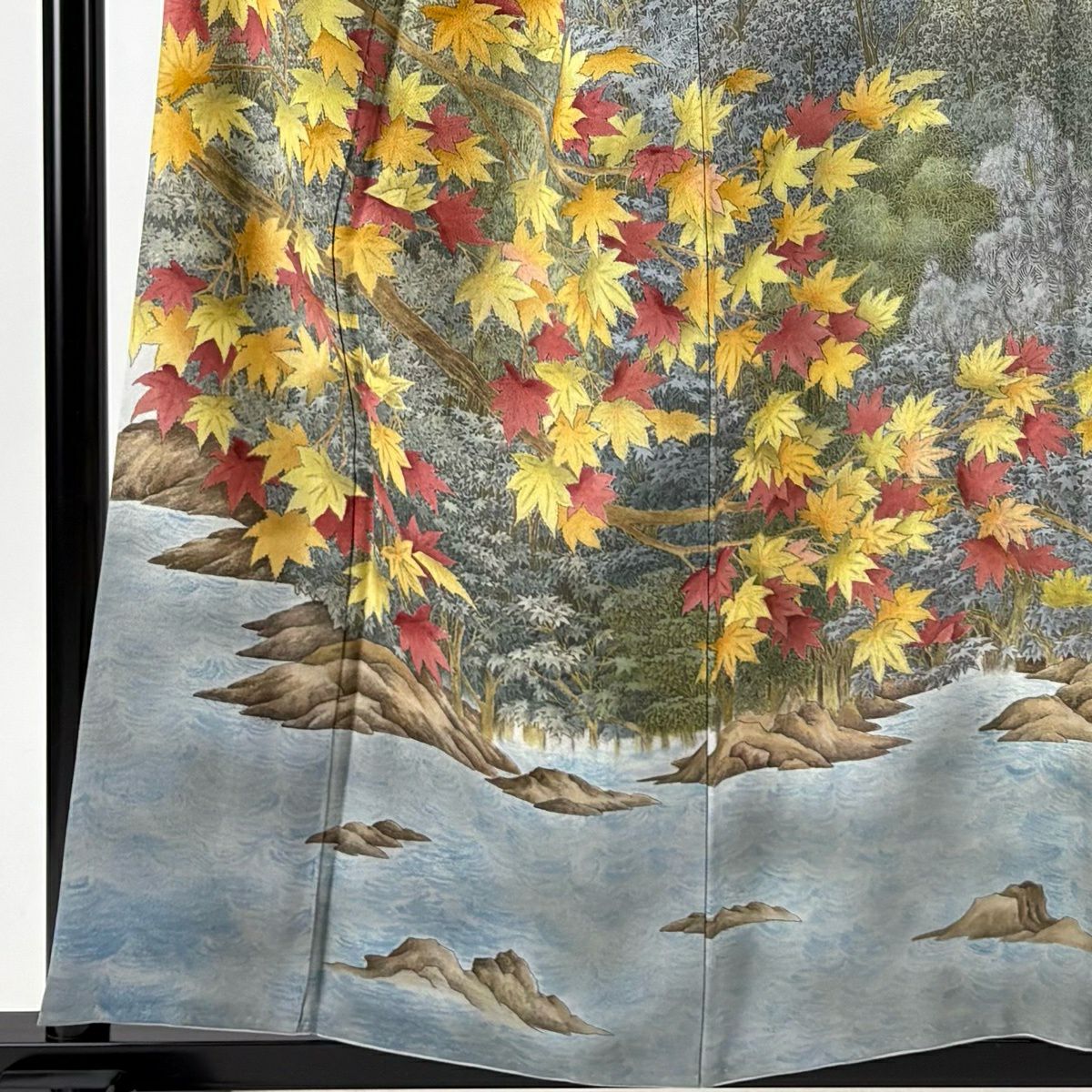訪問服 身長157cm 袖長65cm M 雙層 山岡古都 落款あり 紅葉 風景 漸層 灰色 純蠶絲 逸品級