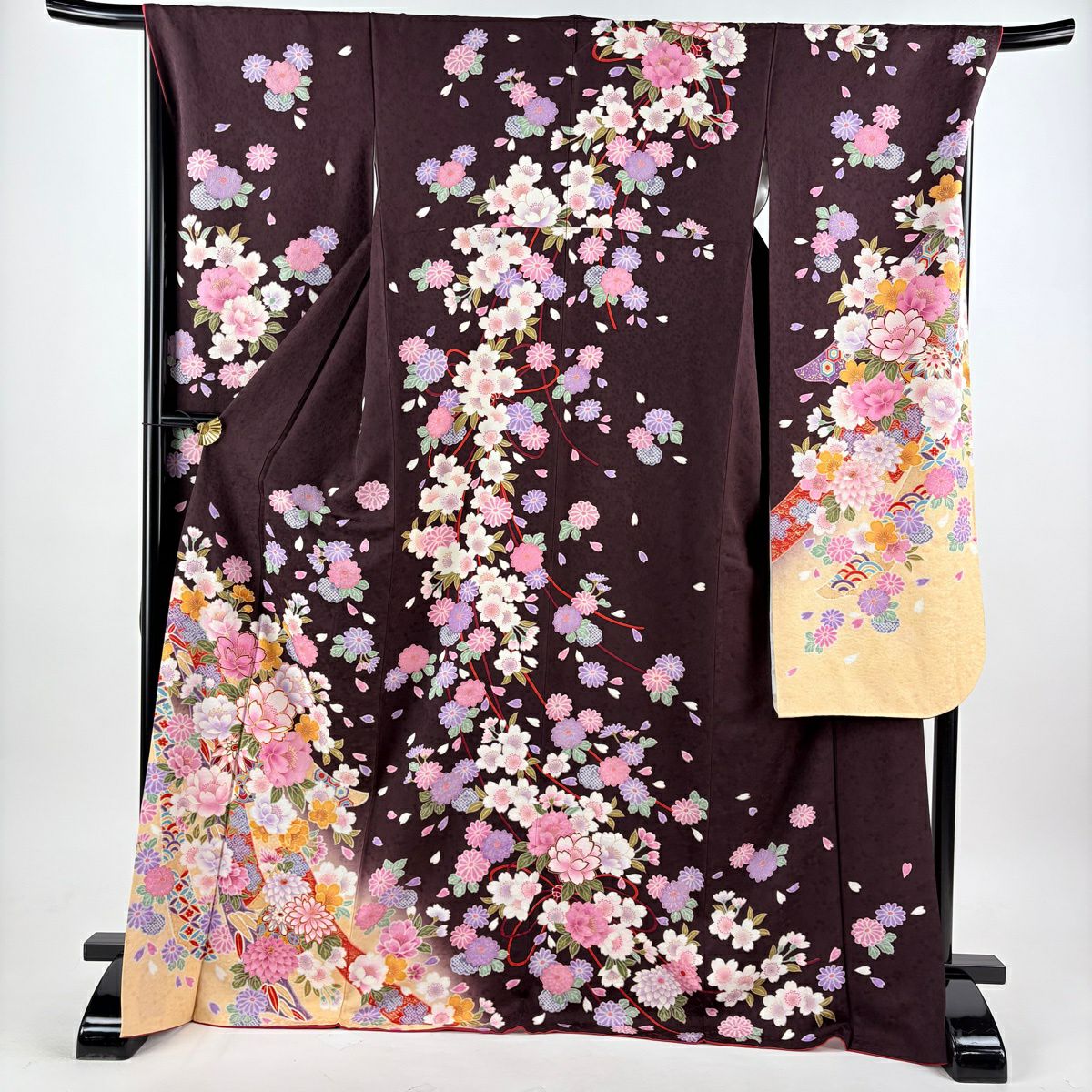 振袖禮服 身長172cm 袖長70cm L 雙層 櫻花 熨斗紋 金絲 金銀彩 茶紫 純蠶絲 逸品級