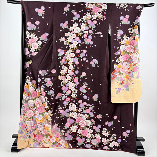 振袖禮服 身長172cm 袖長70cm L 雙層 櫻花 熨斗紋 金絲 金銀彩 茶紫 純蠶絲 逸品級