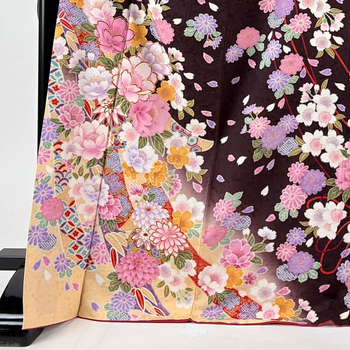 振袖禮服 身長172cm 袖長70cm L 雙層 櫻花 熨斗紋 金絲 金銀彩 茶紫 純蠶絲 逸品級