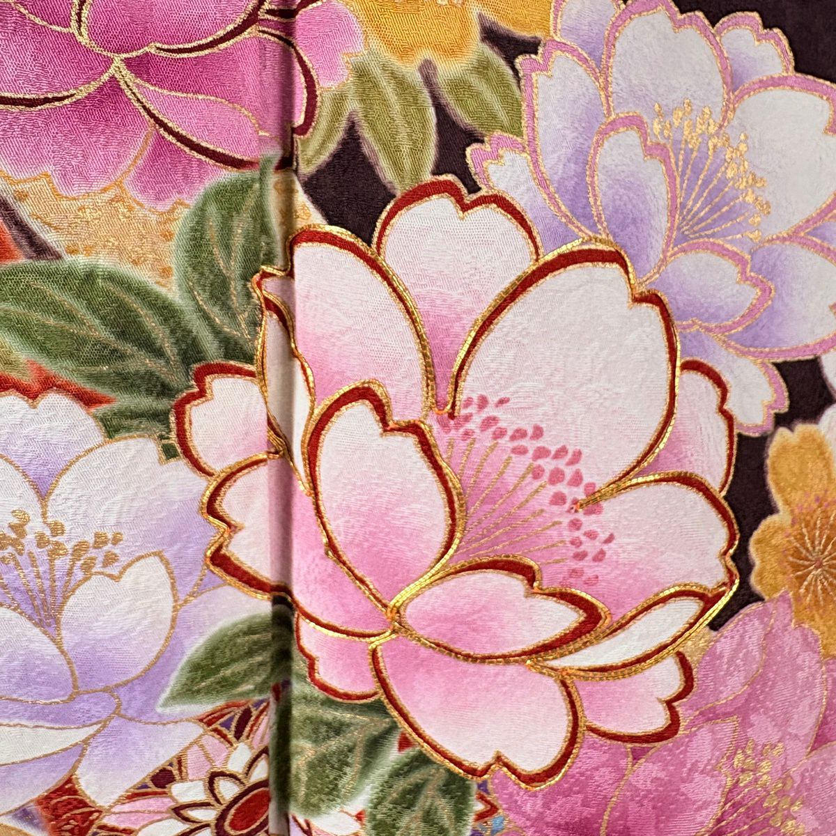 振袖禮服 身長172cm 袖長70cm L 雙層 櫻花 熨斗紋 金絲 金銀彩 茶紫 純蠶絲 逸品級