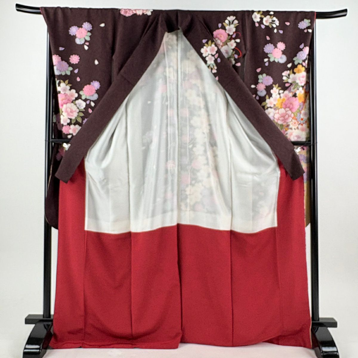 振袖禮服 身長172cm 袖長70cm L 雙層 櫻花 熨斗紋 金絲 金銀彩 茶紫 純蠶絲 逸品級