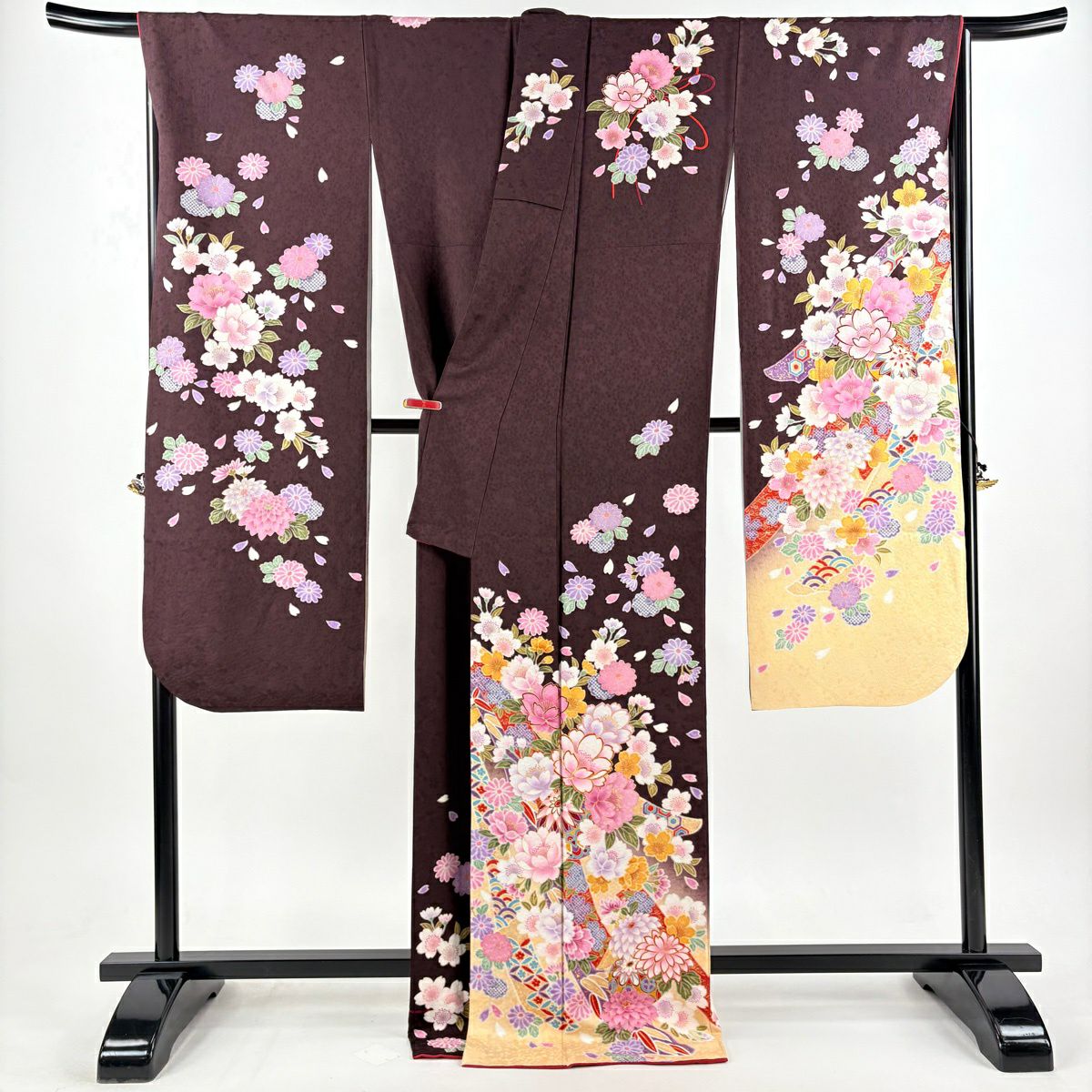 振袖禮服 身長172cm 袖長70cm L 雙層 櫻花 熨斗紋 金絲 金銀彩 茶紫 純蠶絲 逸品級