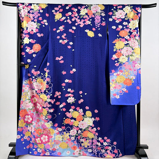 【美品】振袖禮服 身長169cm 袖長68.5cm L 雙層 櫻花 手毬 銀通 金銀彩 青紫 純蠶絲 逸品級