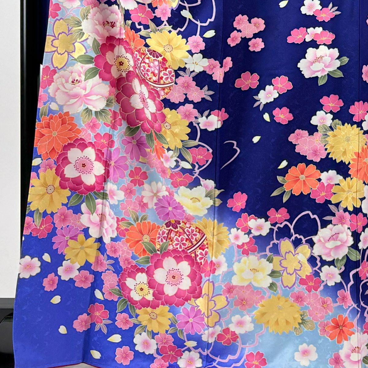 【美品】振袖禮服 身長169cm 袖長68.5cm L 雙層 櫻花 手毬 銀通 金銀彩 青紫 純蠶絲 逸品級