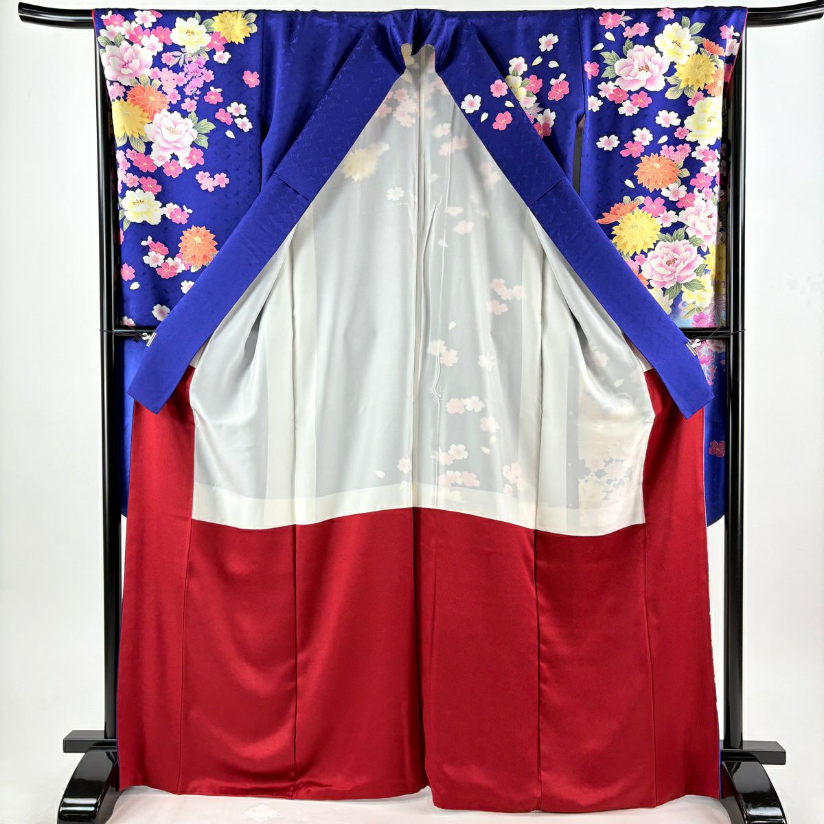 【美品】振袖禮服 身長169cm 袖長68.5cm L 雙層 櫻花 手毬 銀通 金銀彩 青紫 純蠶絲 逸品級