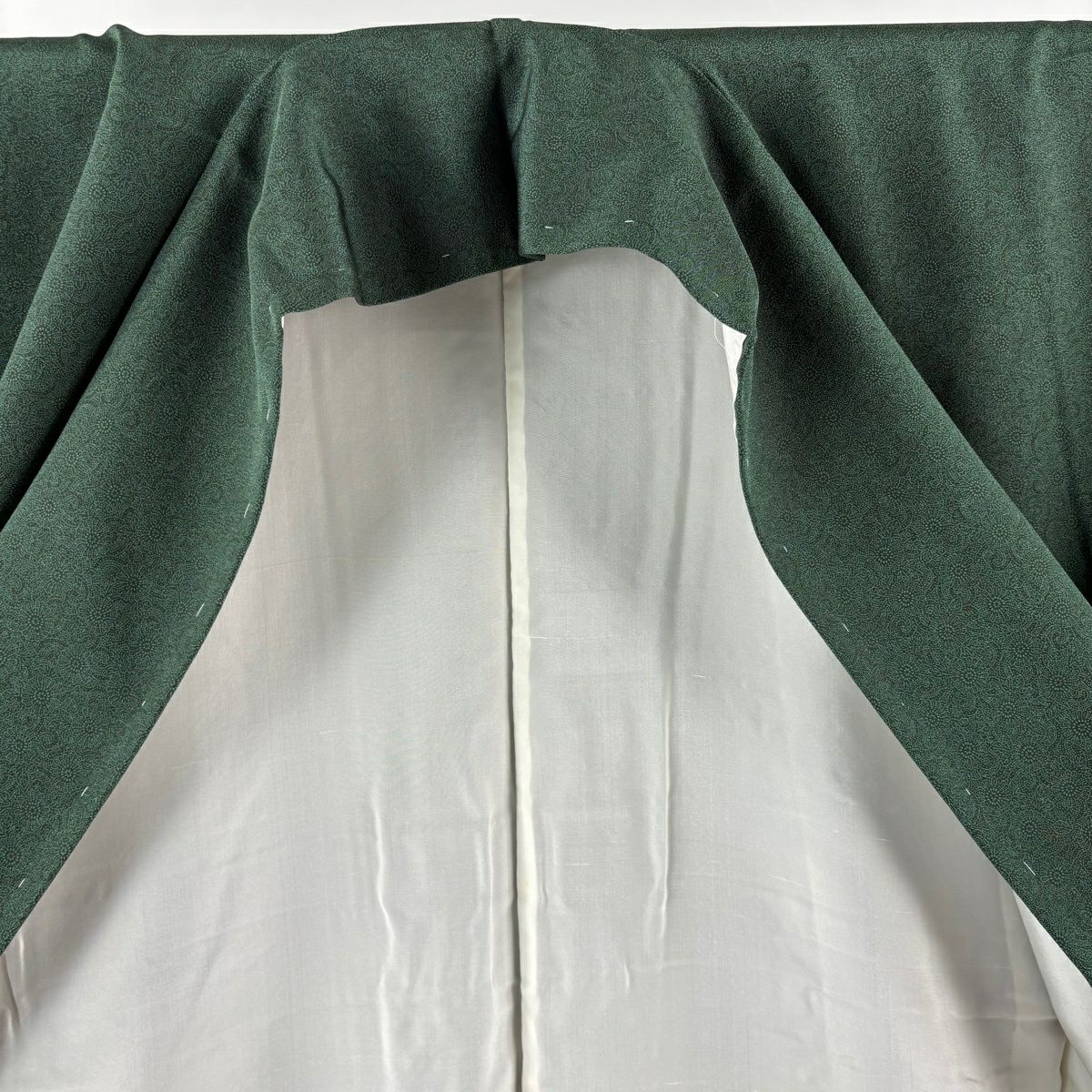 【美品】 江戶小紋 身長157cm 袖長65.5cm M 雙層 人間國寶 中村勇二郎 落款あり 古代菊花 綠 純蠶絲 逸品級