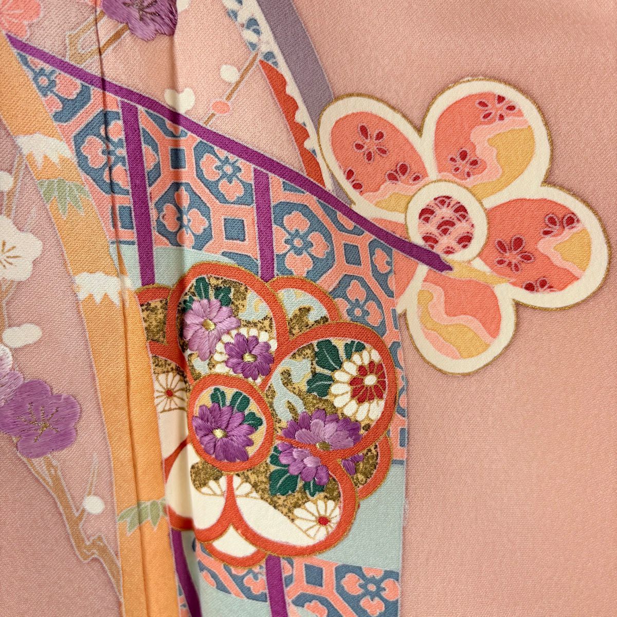 付下 身長164.5cm 袖長69.5cm L 雙層 帝王紫 落款 梅花 幾帳 刺繡 金銀彩 粉紅 純蠶絲 逸品級