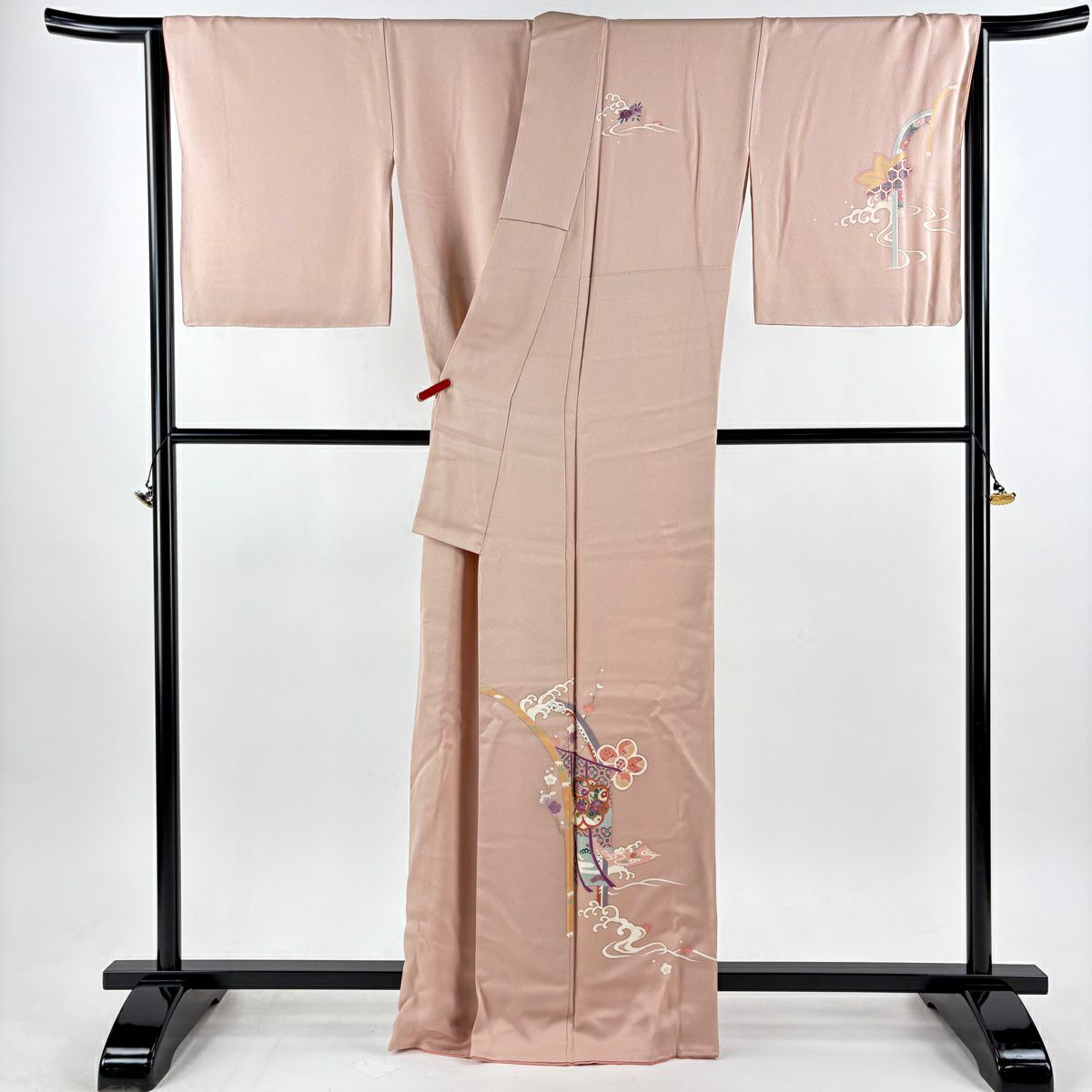 付下 身長164.5cm 袖長69.5cm L 雙層 帝王紫 落款 梅花 幾帳 刺繡 金銀彩 粉紅 純蠶絲 逸品級