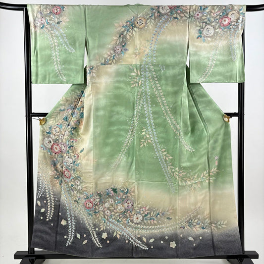 【美品】訪問服 身長158cm 袖長67cm M 雙層 翠山工房 落款あり 辻花染 銀通し 漸層 薄綠 純蠶絲 逸品級
