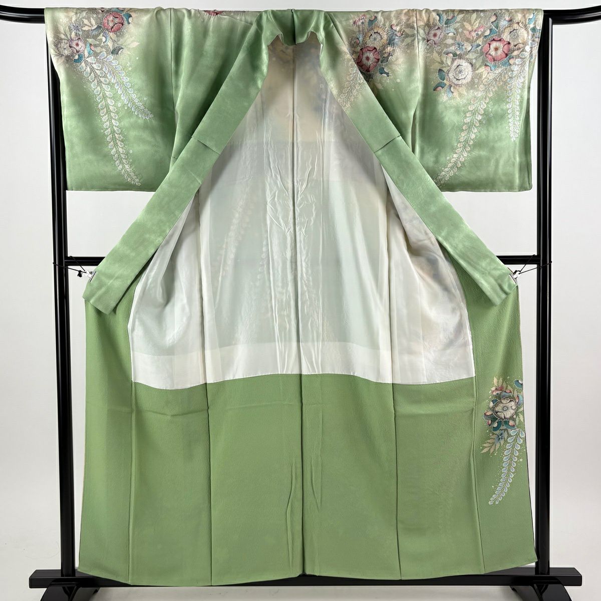 【美品】訪問服 身長158cm 袖長67cm M 雙層 翠山工房 落款あり 辻花染 銀通し 漸層 薄綠 純蠶絲 逸品級