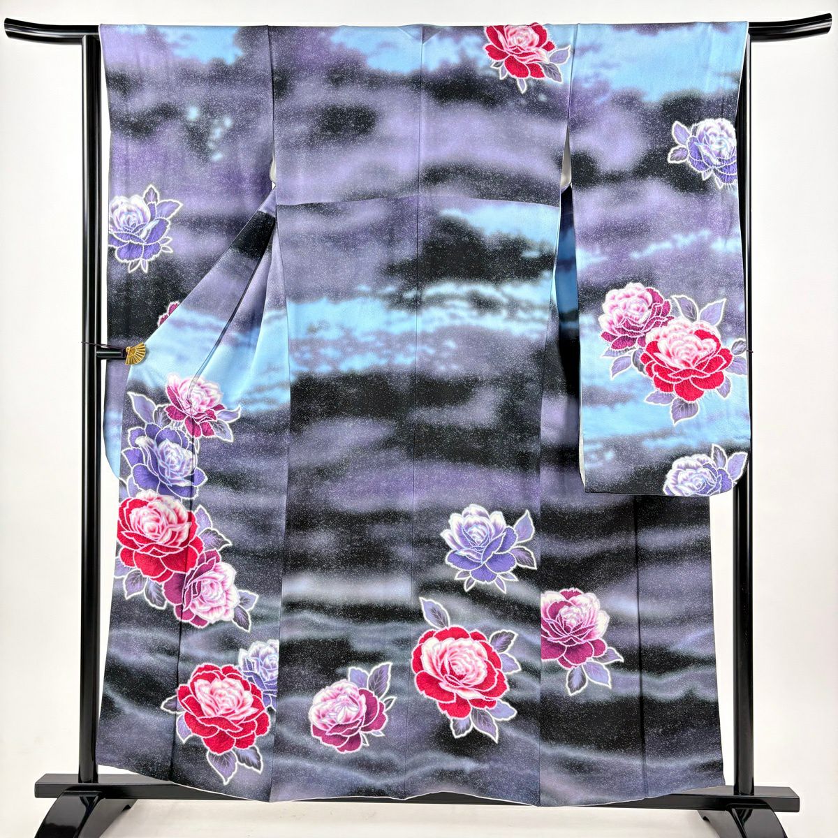 【美品】振袖禮服 身長159cm 袖長65cm M 雙層 薔薇 霞 金銀彩 絞染 紫 純蠶絲 逸品級