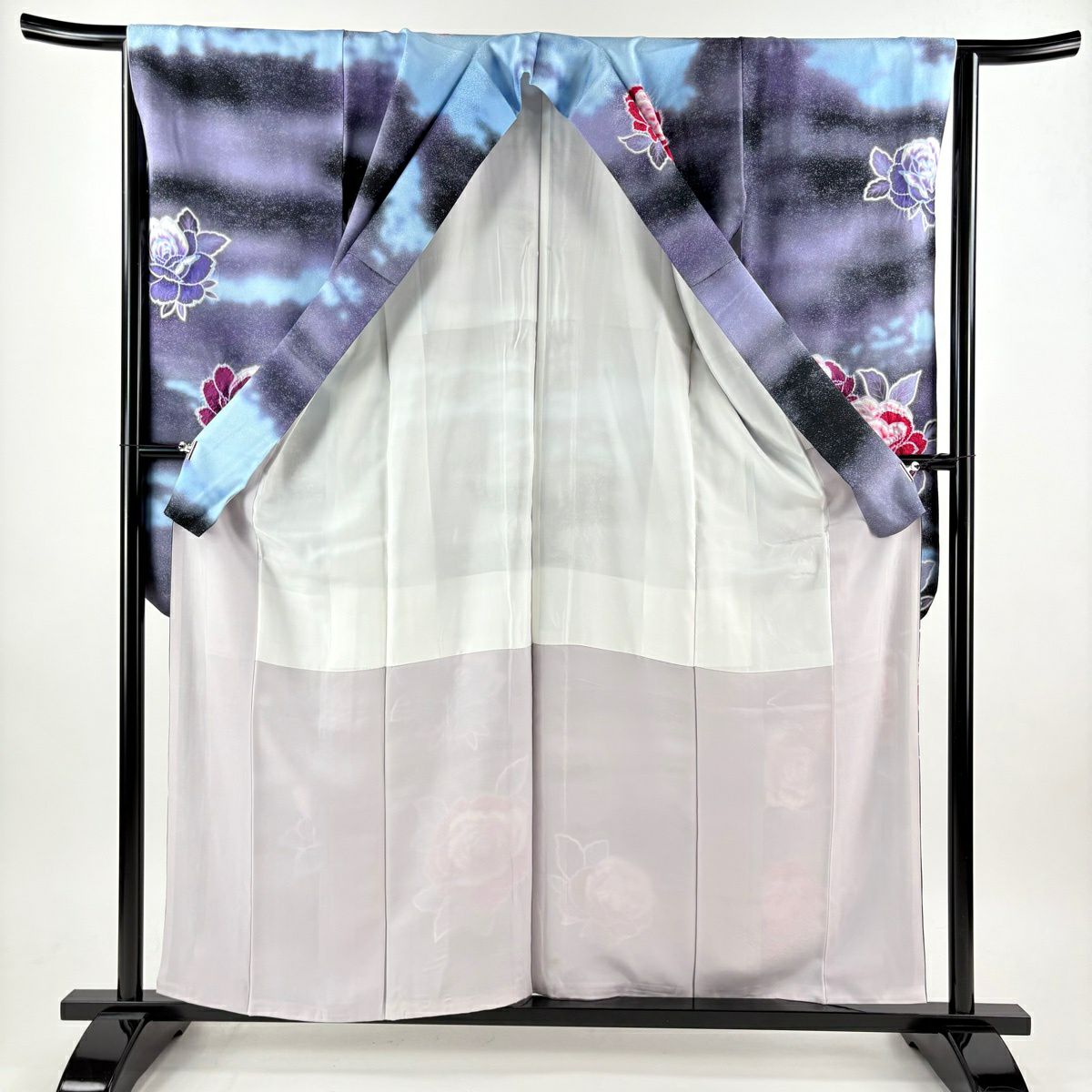 【美品】振袖禮服 身長159cm 袖長65cm M 雙層 薔薇 霞 金銀彩 絞染 紫 純蠶絲 逸品級