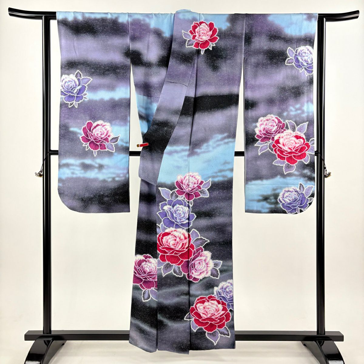 【美品】振袖禮服 身長159cm 袖長65cm M 雙層 薔薇 霞 金銀彩 絞染 紫 純蠶絲 逸品級