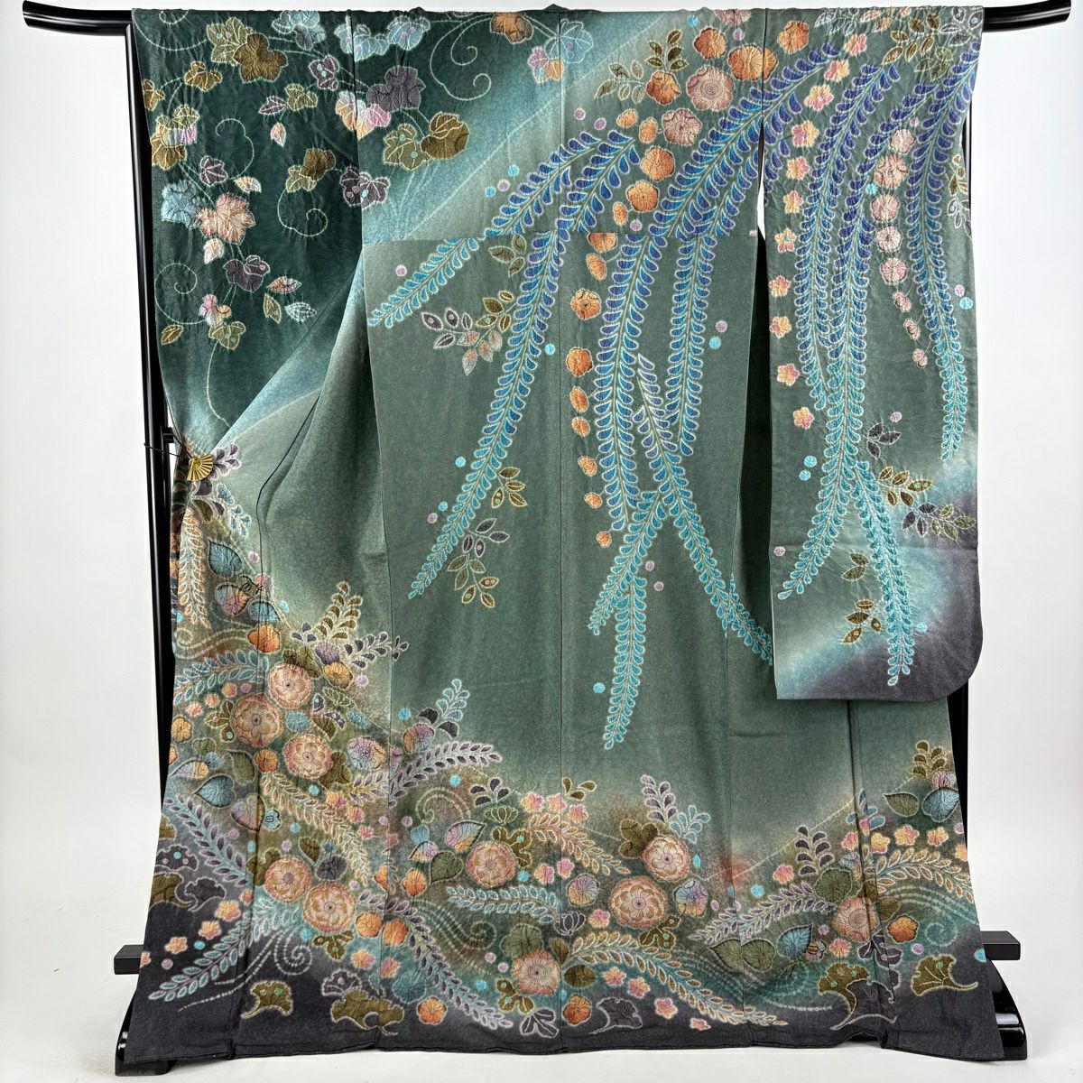 振袖禮服 身長177cm 袖長68cm L 雙層 辻花染 銀通 金銀彩 灰綠 純蠶絲 逸品級