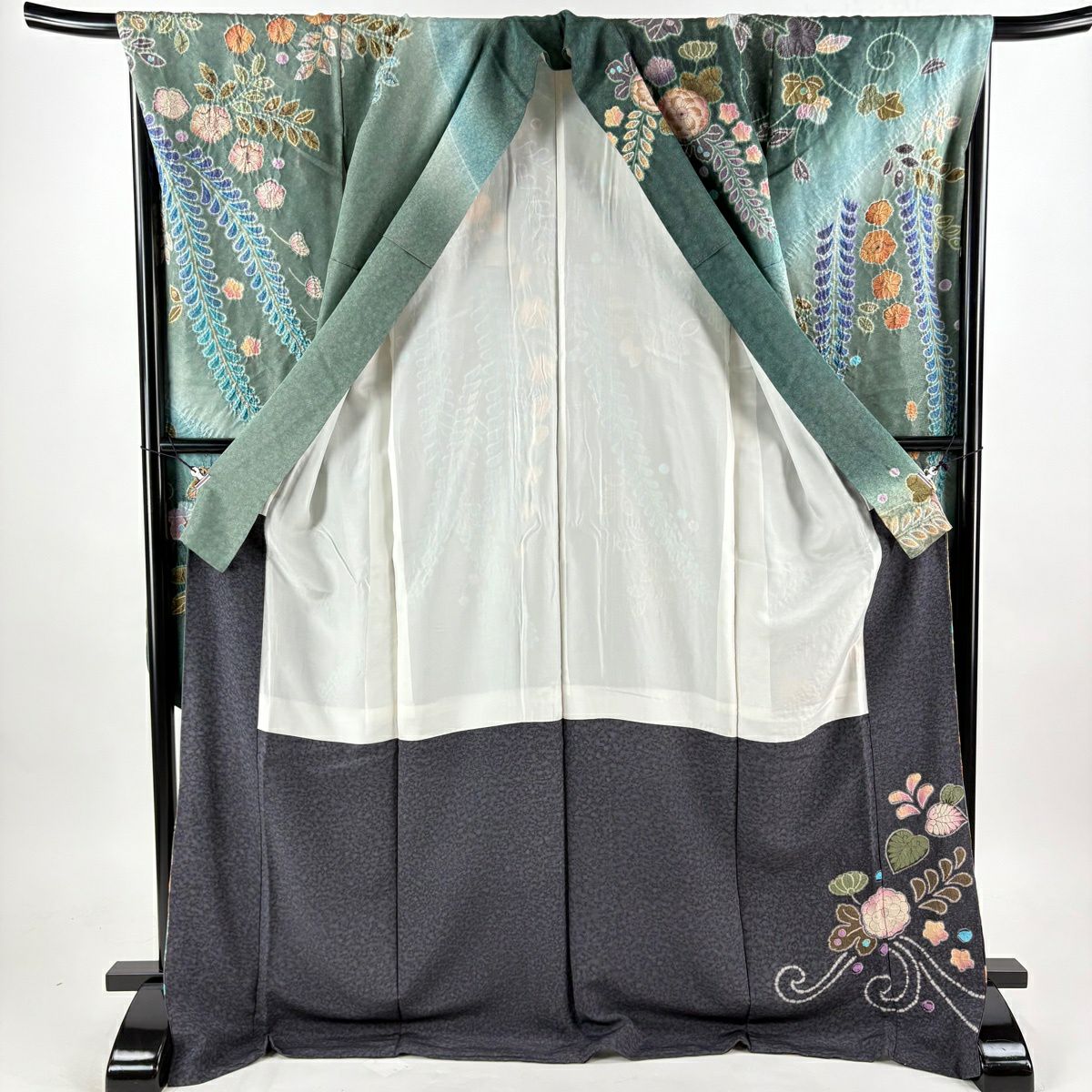 振袖禮服 身長177cm 袖長68cm L 雙層 辻花染 銀通 金銀彩 灰綠 純蠶絲 逸品級
