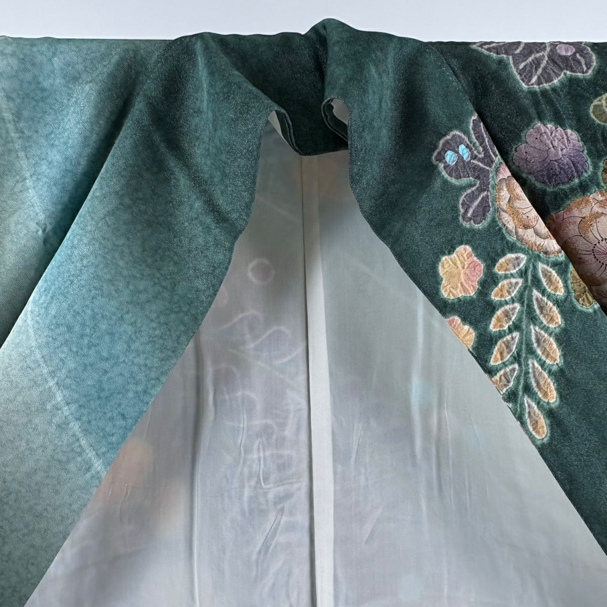 振袖禮服 身長177cm 袖長68cm L 雙層 辻花染 銀通 金銀彩 灰綠 純蠶絲 逸品級