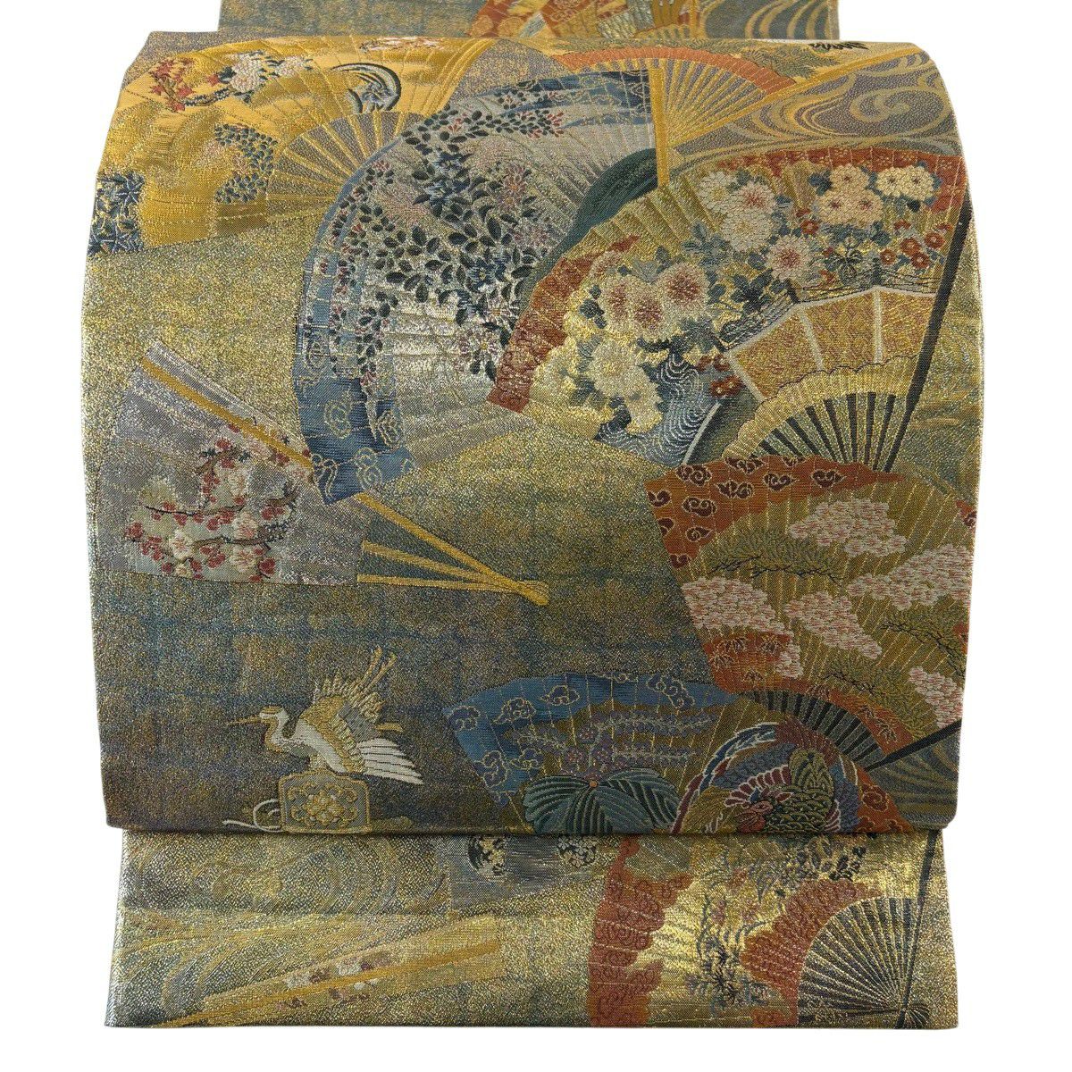 【美品】 袋帶 逸品級 附落款 徳川美術館秘藏 能樂百扇子 花鳥 金絲 金金箔 金色 大鼓圖案 純蠶絲