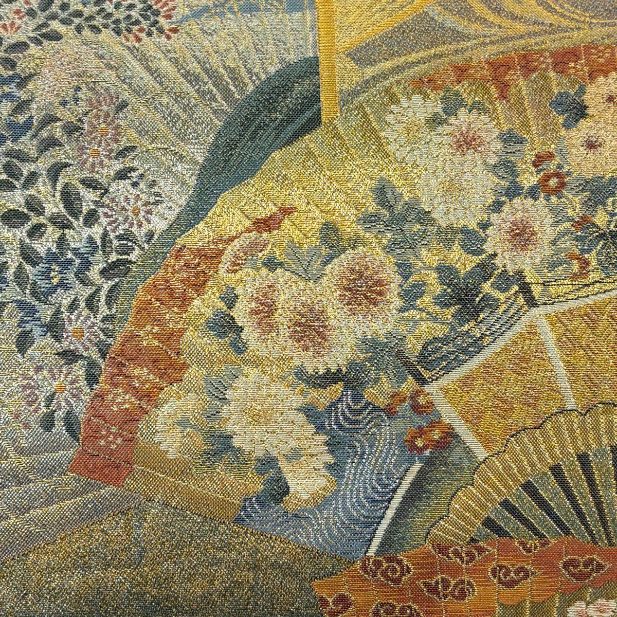 【美品】 袋帶 逸品級 附落款 徳川美術館秘藏 能樂百扇子 花鳥 金絲 金金箔 金色 大鼓圖案 純蠶絲
