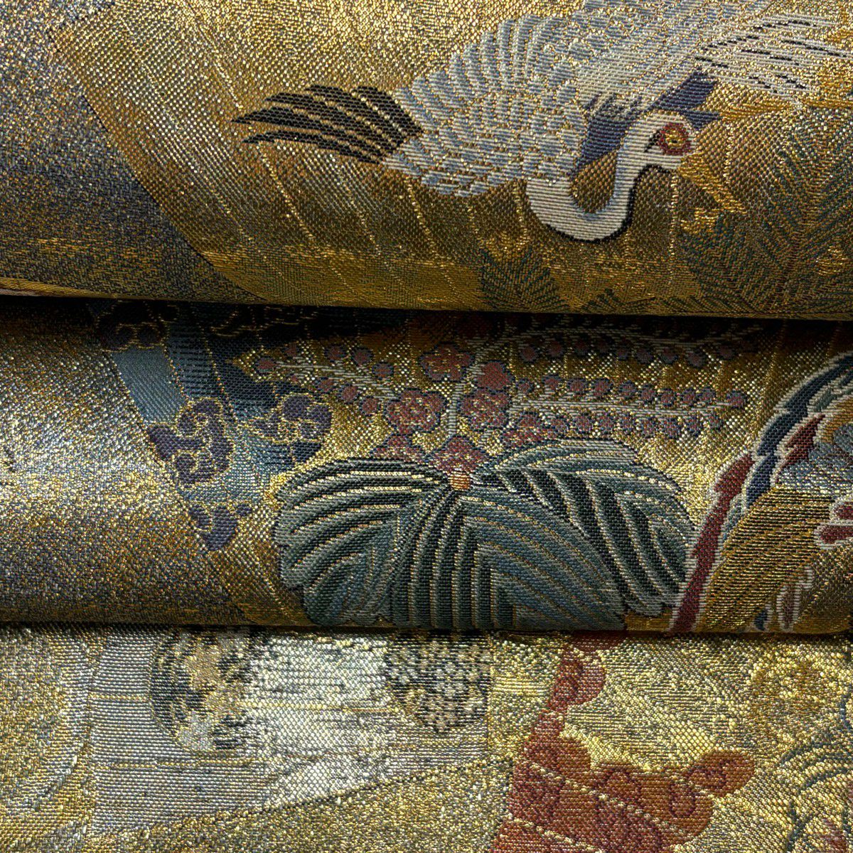 【美品】 袋帶 逸品級 附落款 徳川美術館秘藏 能樂百扇子 花鳥 金絲 金金箔 金色 大鼓圖案 純蠶絲