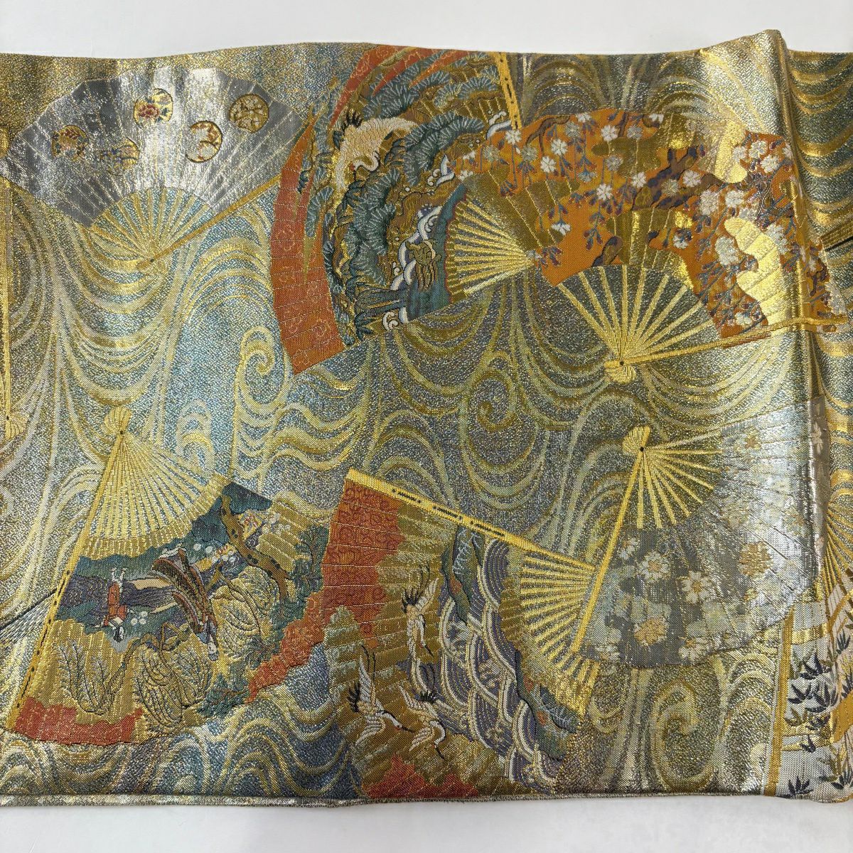 【美品】 袋帶 逸品級 附落款 徳川美術館秘藏 能樂百扇子 花鳥 金絲 金金箔 金色 大鼓圖案 純蠶絲