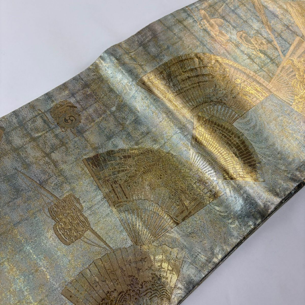【美品】 袋帶 逸品級 附落款 徳川美術館秘藏 能樂百扇子 花鳥 金絲 金金箔 金色 大鼓圖案 純蠶絲
